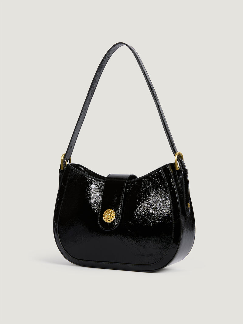 GALA black glossy leather bag, side view by Rouje