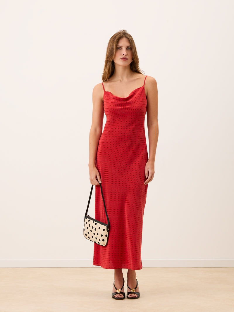 GEMMA red plumetis long dress worn on a model by Rouje