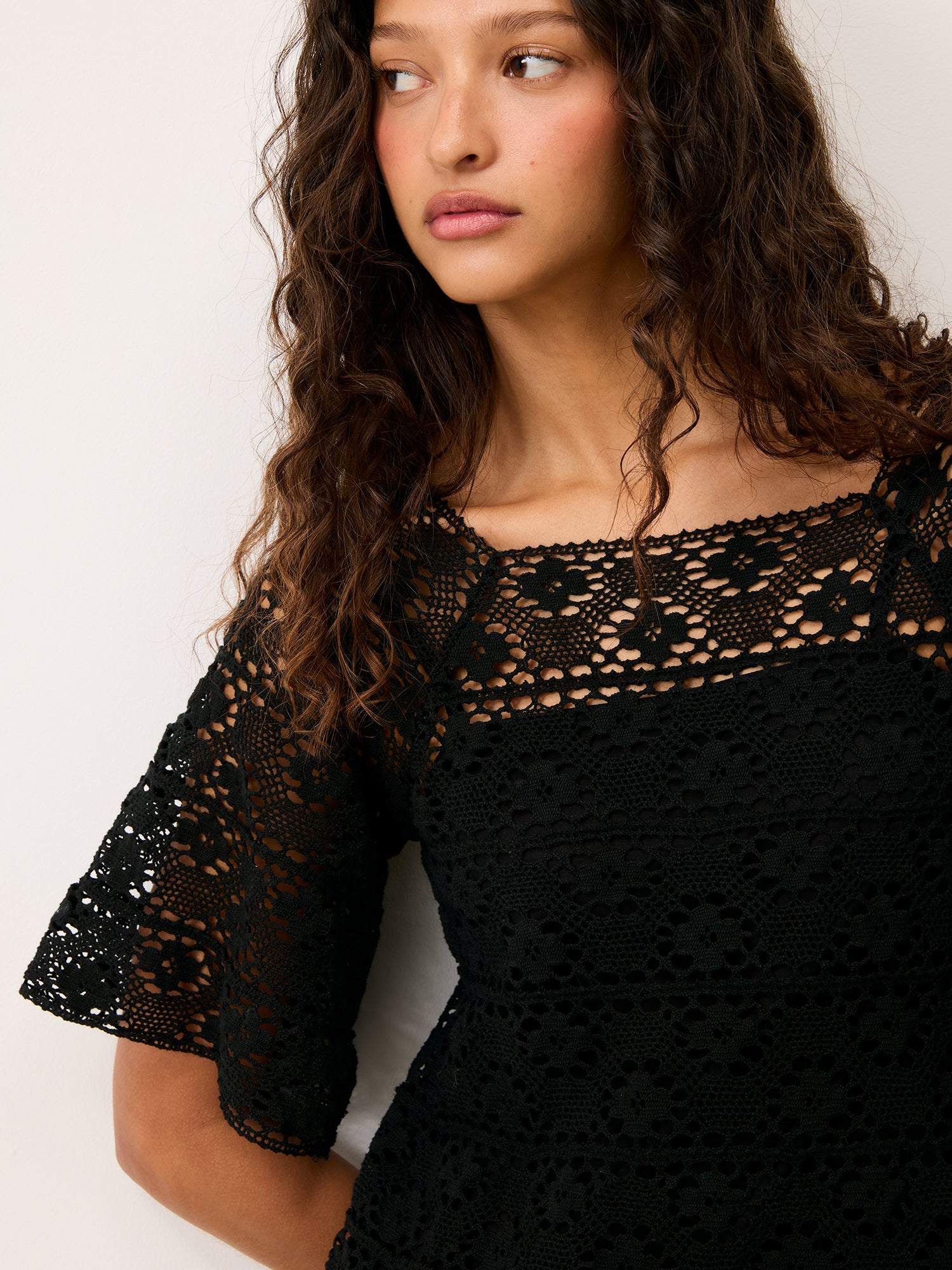HOLLY black macrame short dress, back view by Rouje