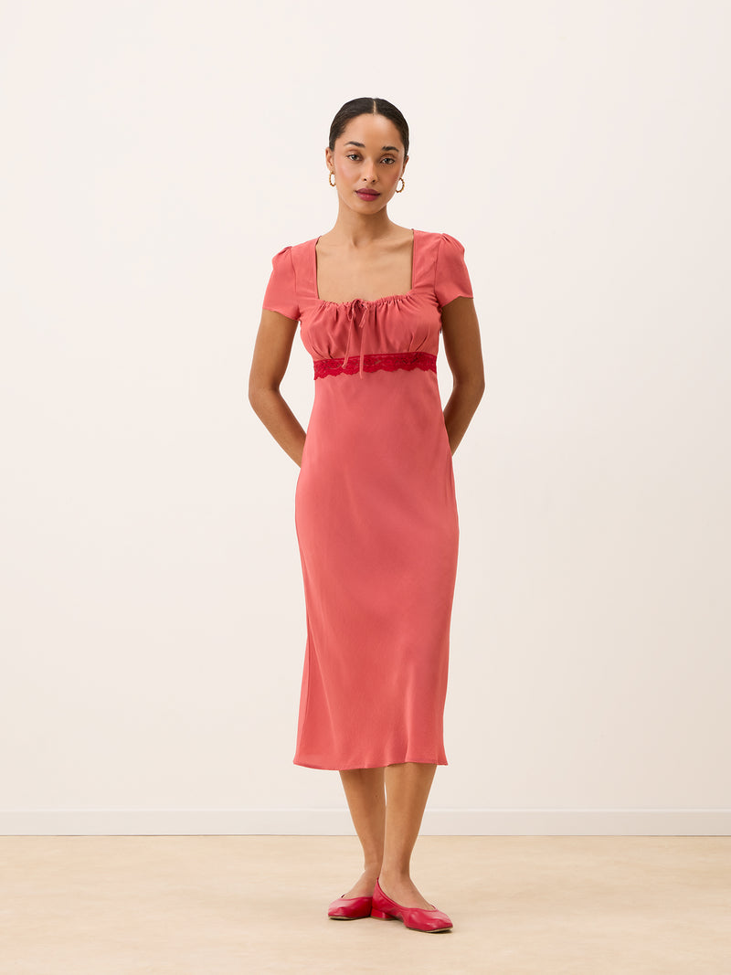 INES pink midi dress with red lace, back view by Rouje