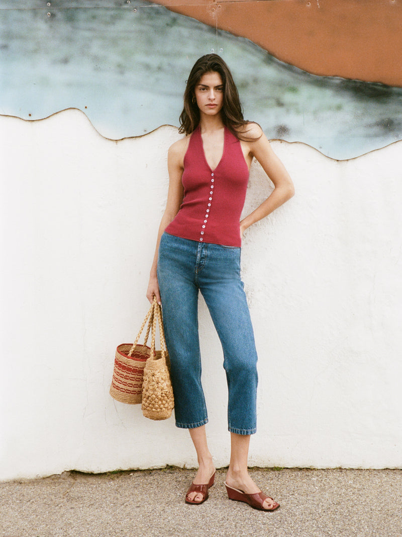 JOURDAIN indigo straight-leg jeans worn on a model by Rouje