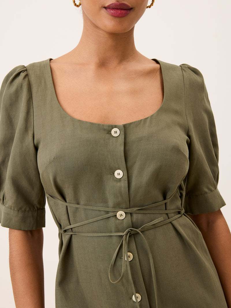 JULIA khaki long dress, detail of puff sleeves by Rouje
