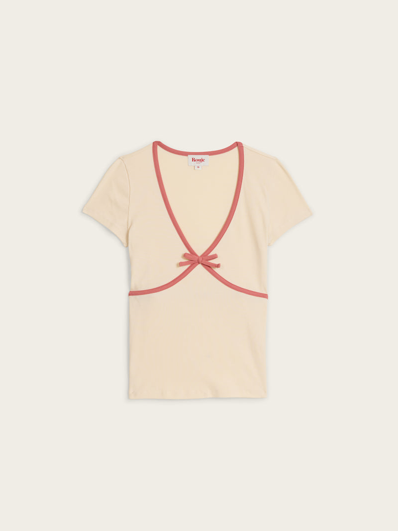 KARENE ecru V-neck short-sleeve T-shirt, flat packshot by Rouje