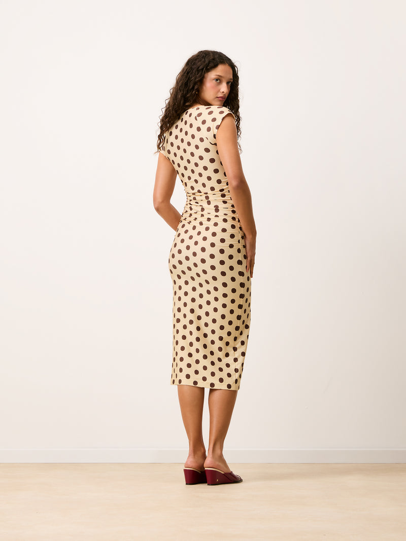 LALY cream polka-dot stretch jersey midi dress, detail of V-neck knot by Rouje