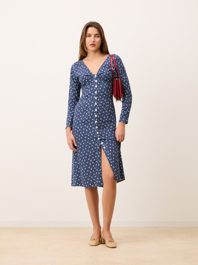 LENA Arlesienne denim long dress, back view by Rouje