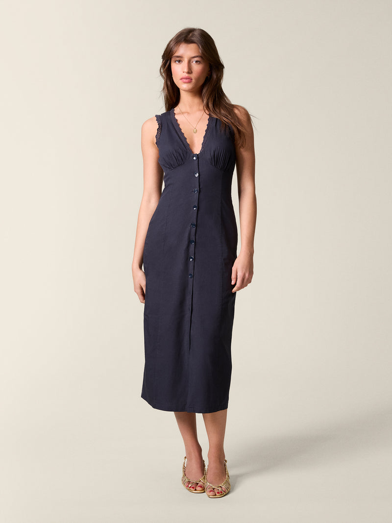 Front view of the navy Lisbet dress for women.