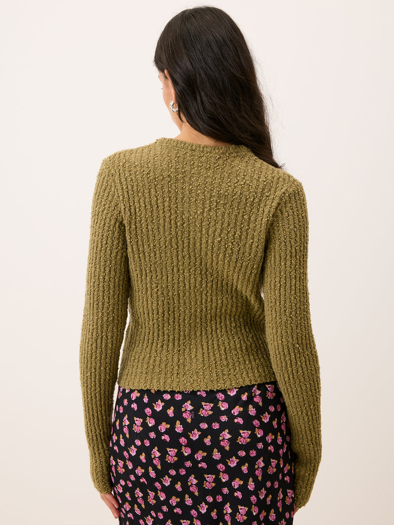 LOICA almond green short cardigan, back view by Rouje