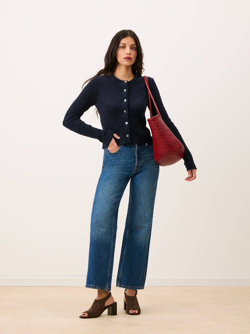 LOICA navy blue short textured ribbed cardigan, flat packshot by Rouje