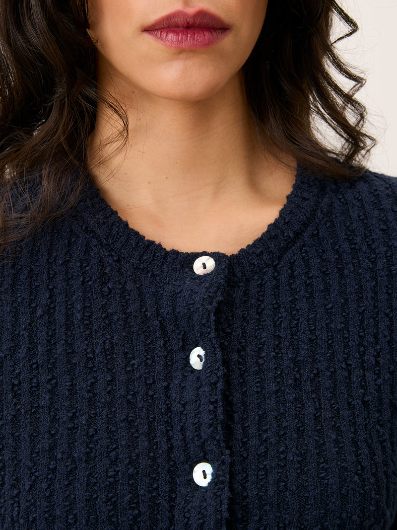 LOICA navy blue ribbed cardigan worn on a model by Rouje