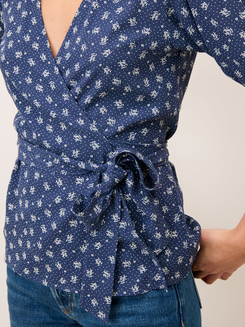 LOUISA Arlesienne denim wrap blouse, back view by Rouje