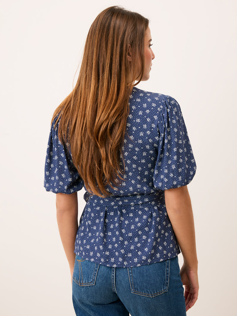 LOUISA denim print wrap blouse, detail of balloon sleeves by Rouje