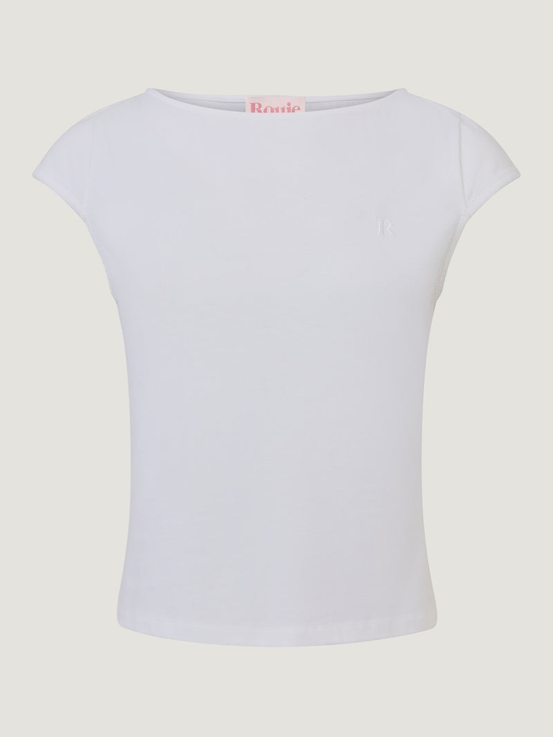 LULU white high boat neck T-shirt, flat packshot by Rouje