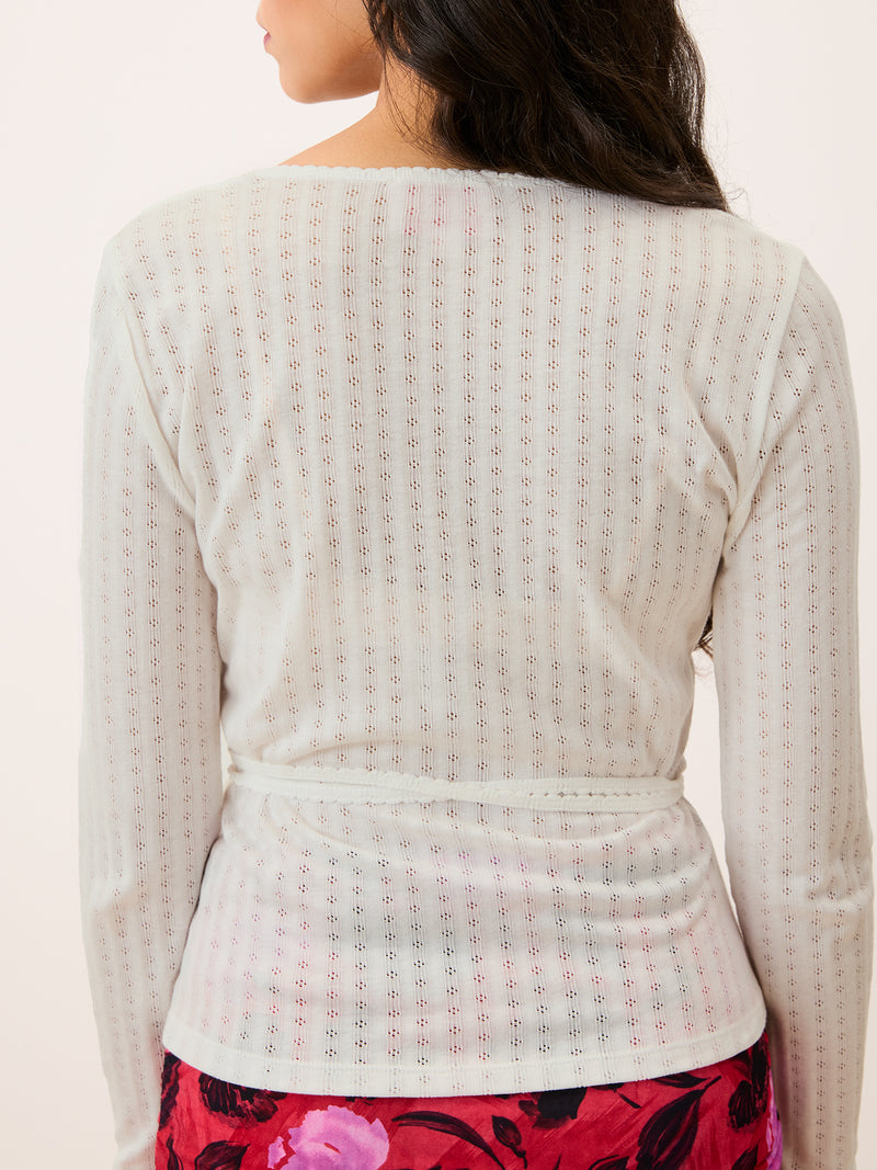 MAELYS white pointelle wrap-over cardigan, back view by Rouje