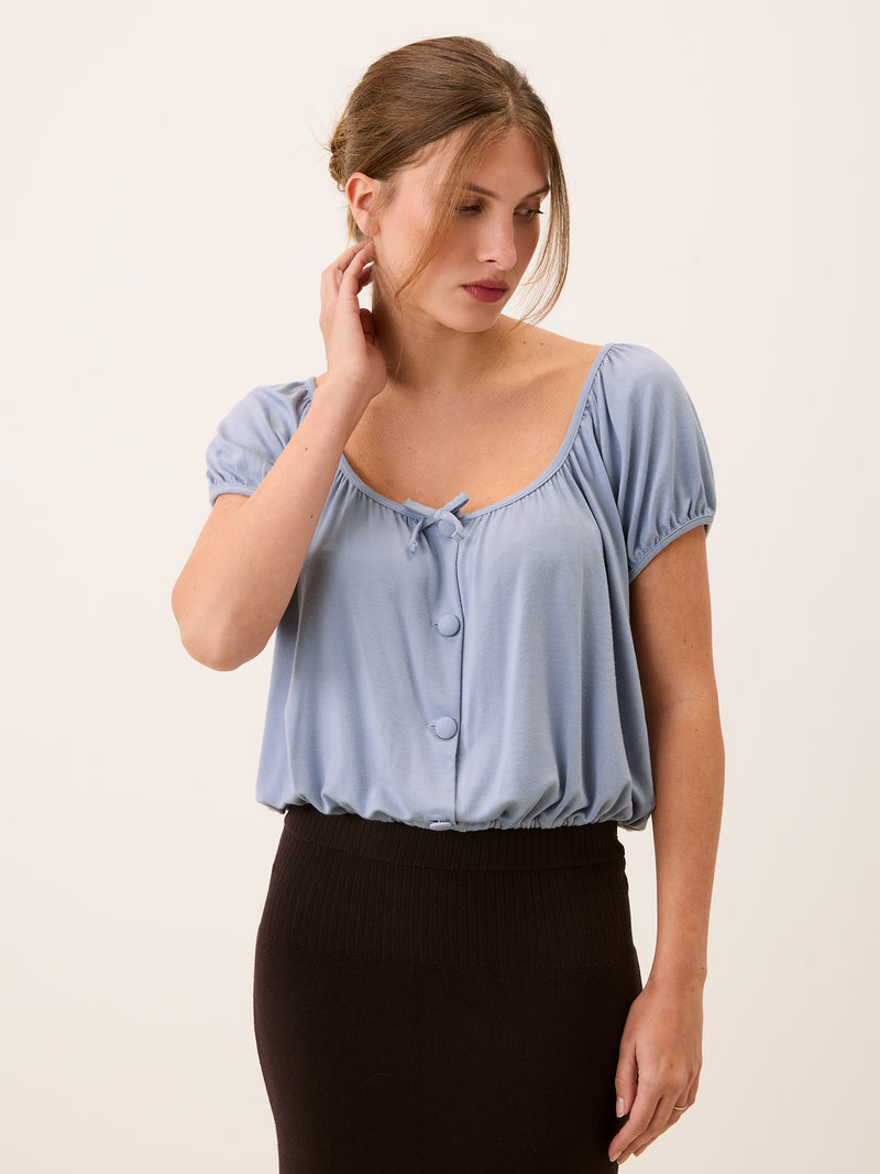 MAEL lilac blue crop top, detail of gathered sleeves by Rouje