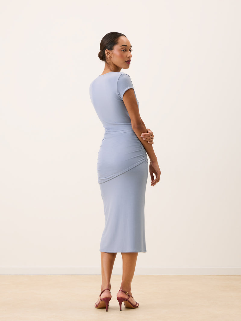 MAGDALENA lilac blue long tube jersey dress, back view by Rouje
