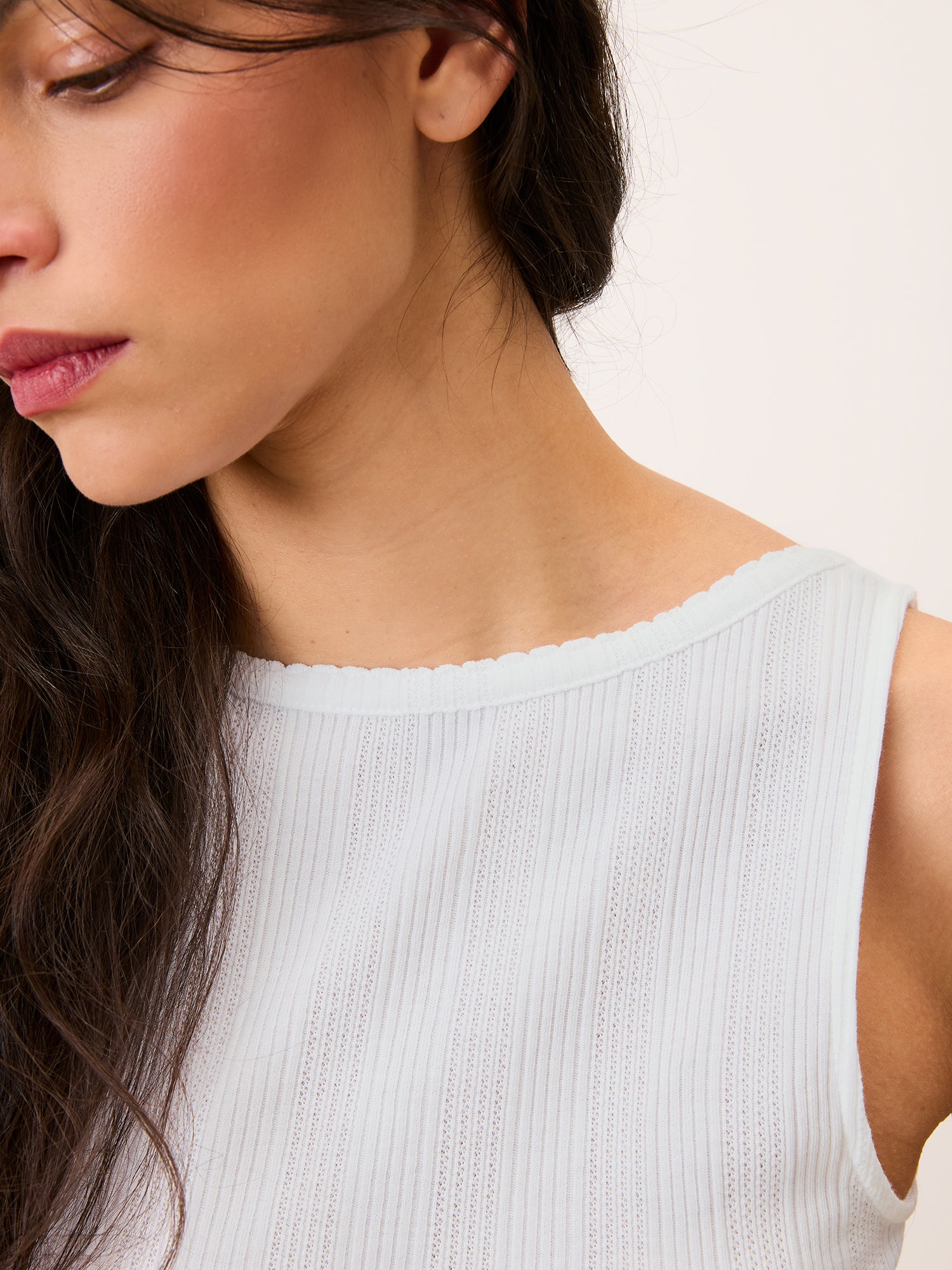 DAMIEN white low-back pointelle tank top, back view by Rouje