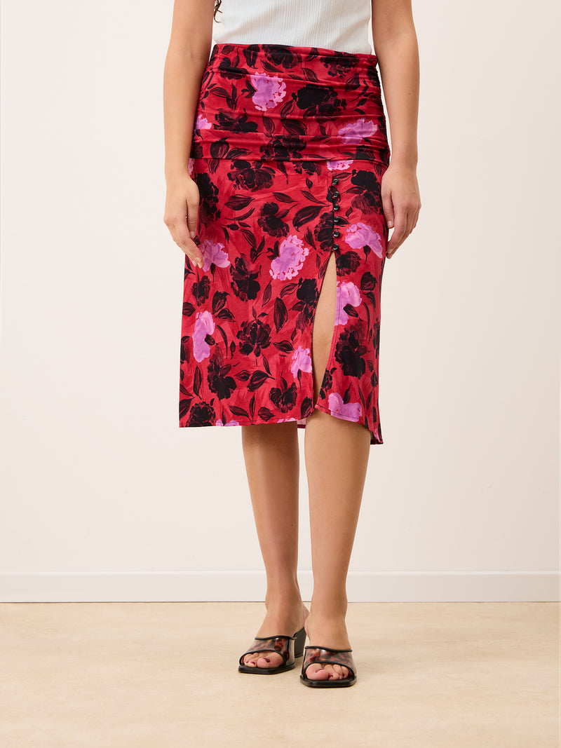 MAGGIE red floral draped midi skirt, detail of wide belt by Rouje