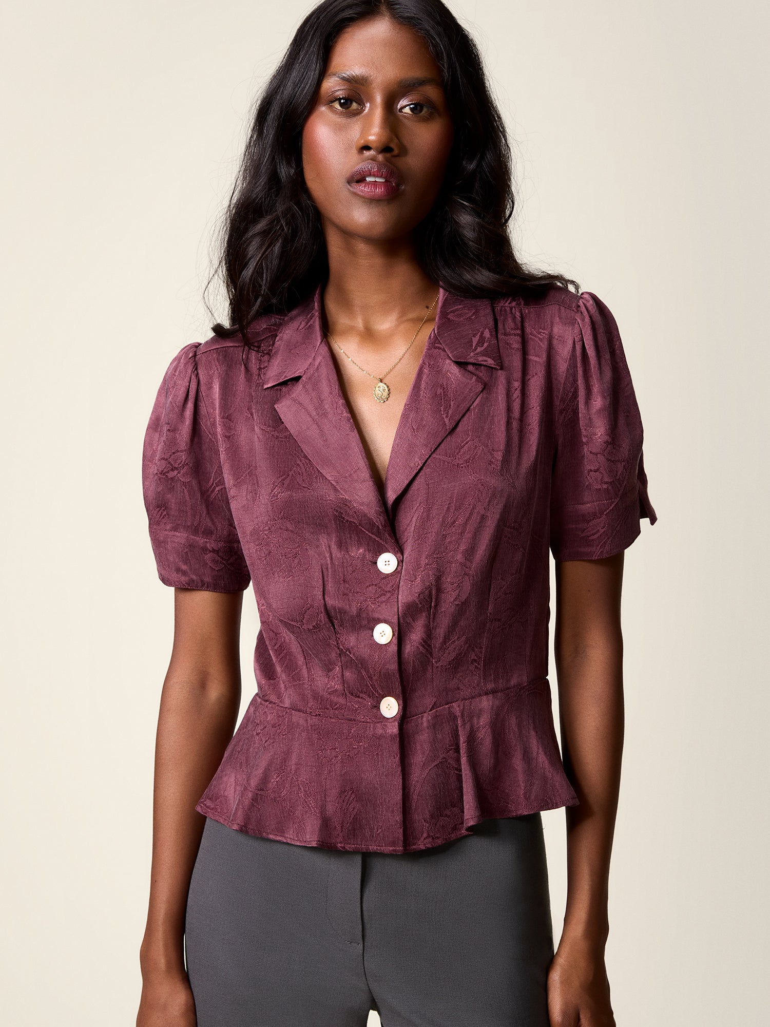ANAS plum jacquard upcycled peplum blouse, front view by Rouje