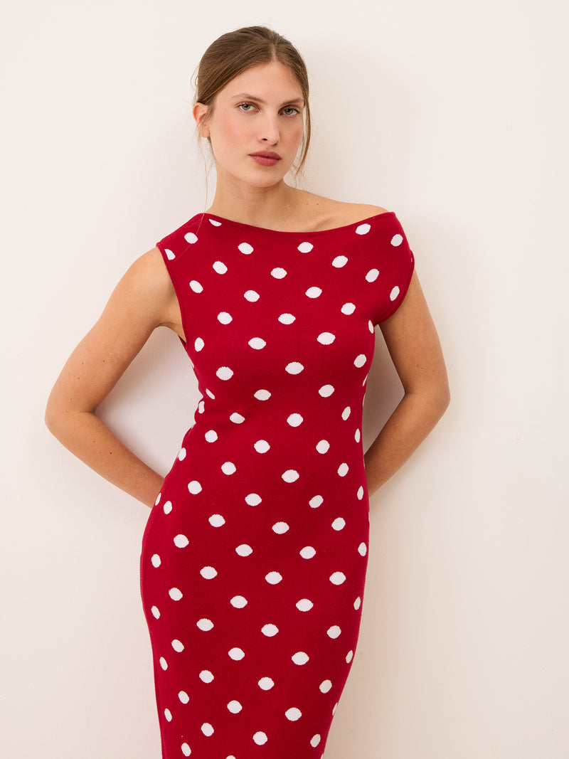 MANU red polka dot long knit dress worn on a model by Rouje