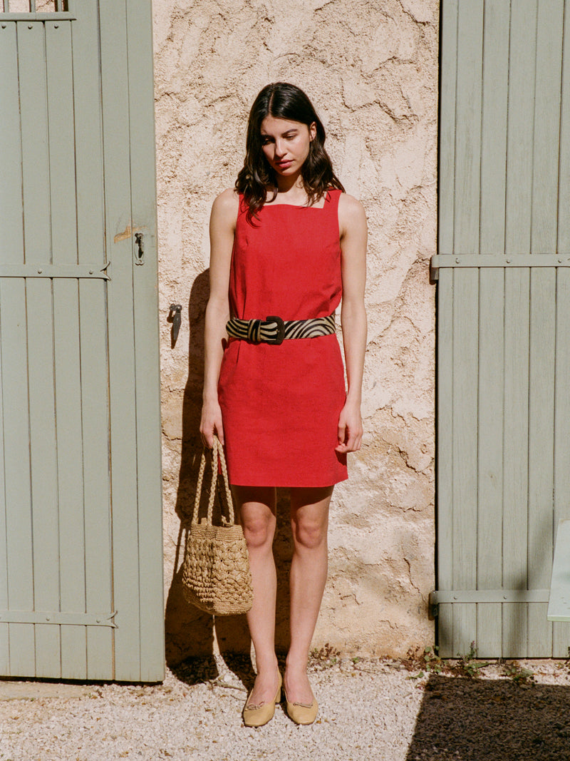 MARLA red short dress by Rouje, lifestyle setting