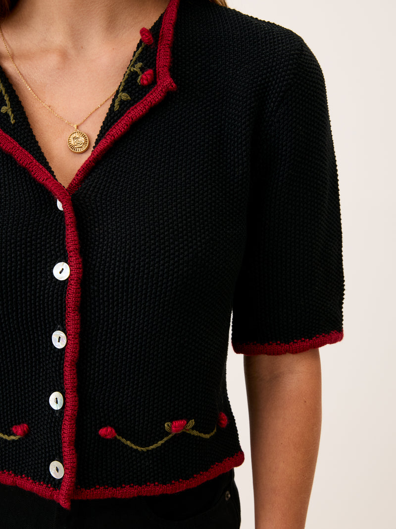 MEREDITH black embroidered cardigan worn on a model by Rouje