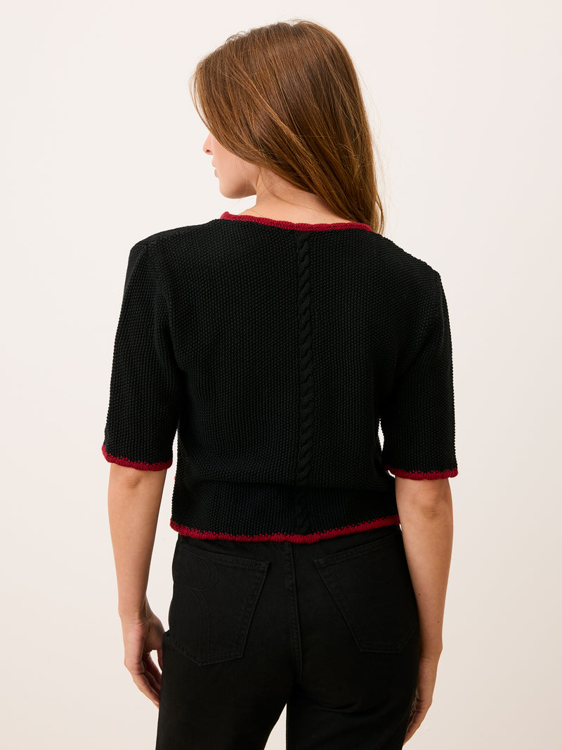 MEREDITH black embroidered short-sleeve cardigan, back view by Rouje