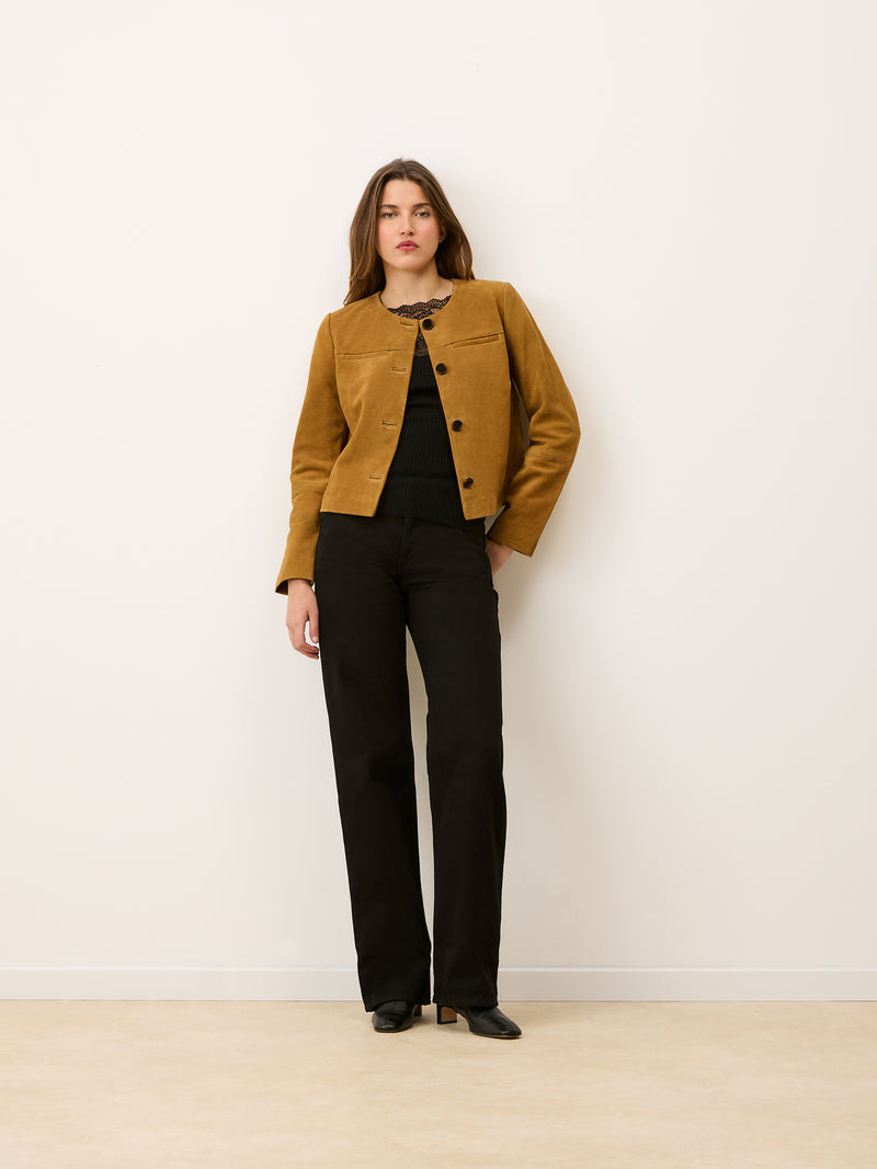 MILO olive suede jacket worn on a model by Rouje