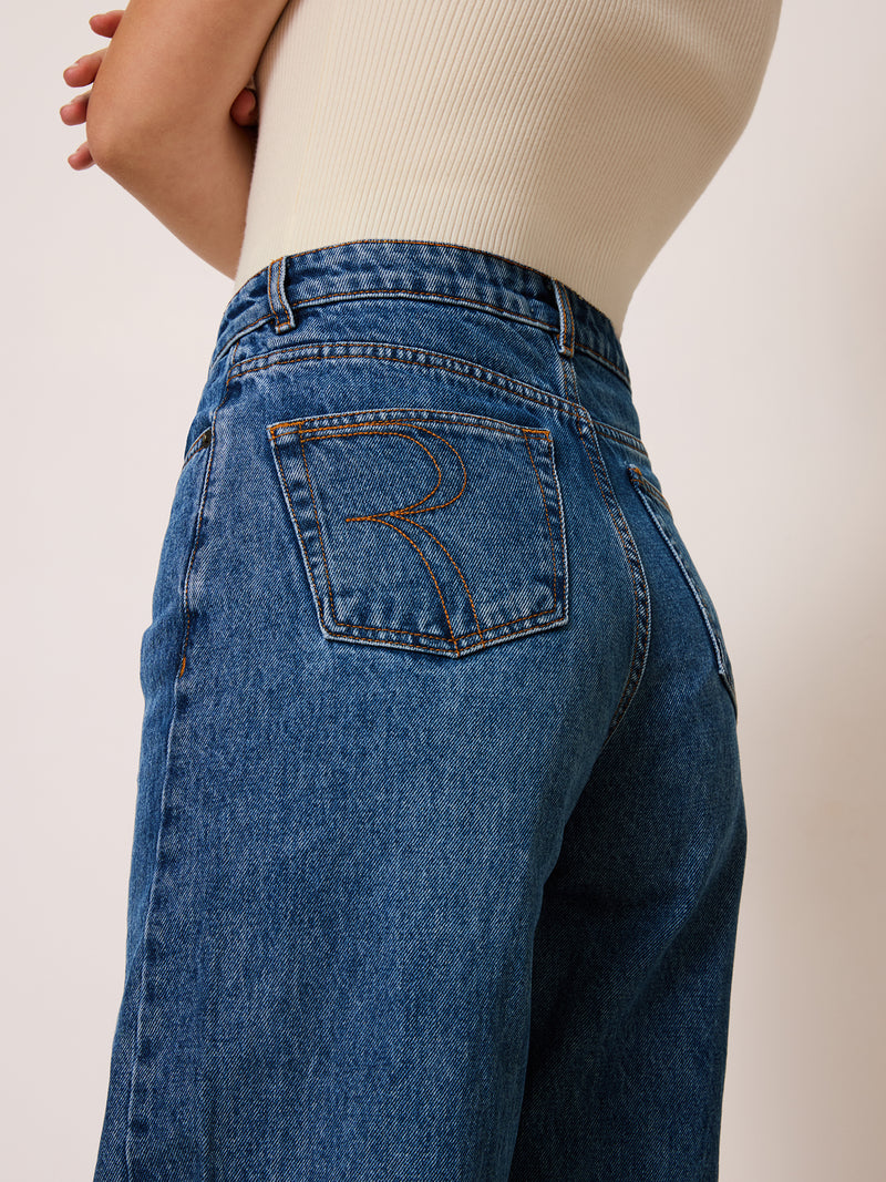 MONCEAU indigo stone wide jeans, detail of embroidered R pocket by Rouje