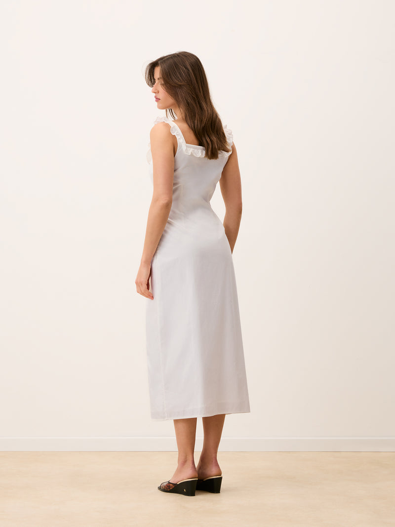 MONIQUE white corset midi dress, back view by Rouje