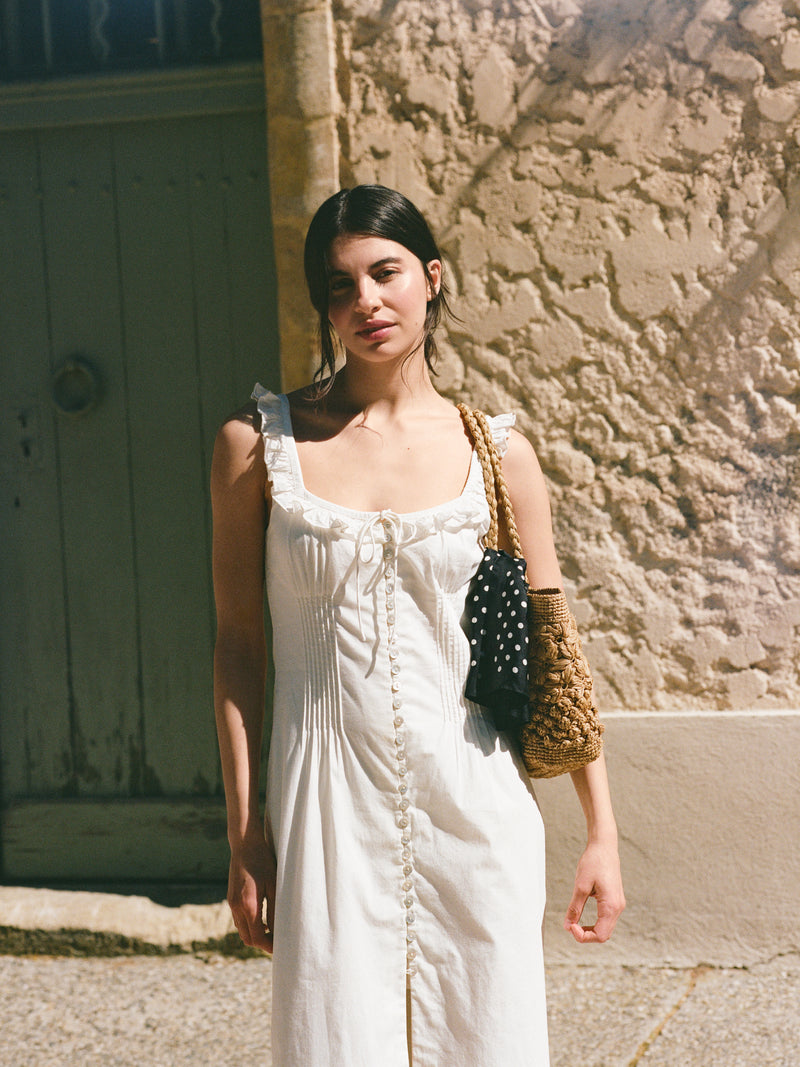 MONIQUE white corset midi dress by Rouje, lifestyle setting