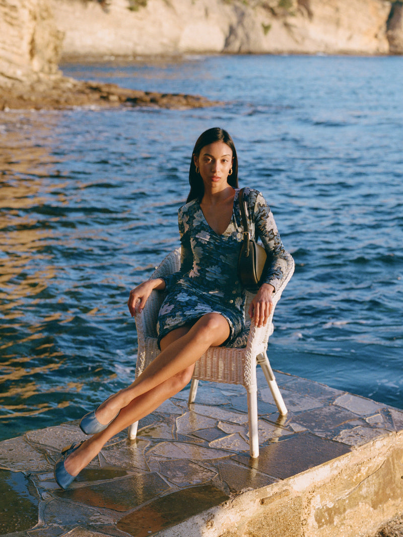MONIRA blue floral faux wrap dress worn on a model by Rouje