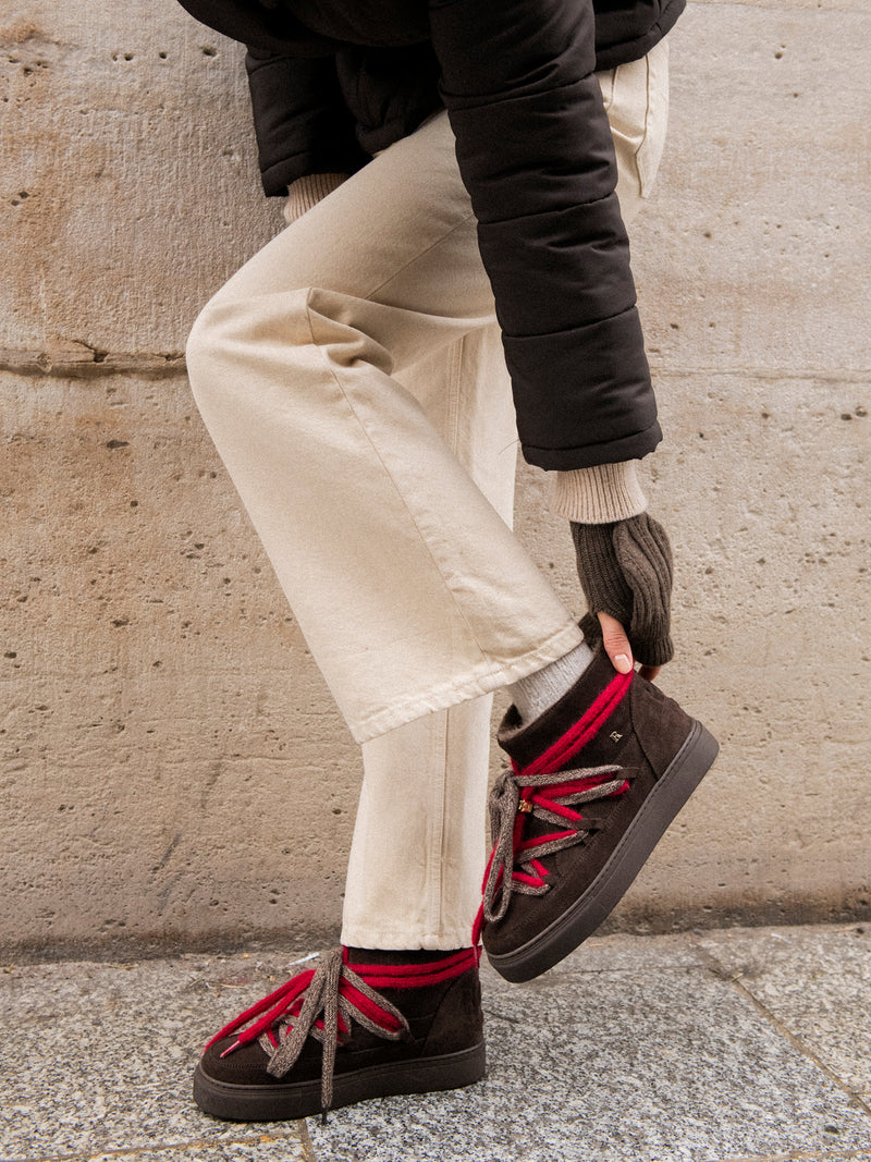 MONTAMOUR chocolate suede lace-up ankle boots, side view by Rouje x Inuikii