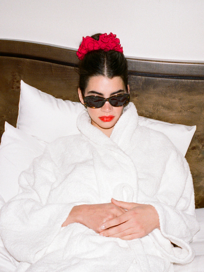 MAFALDA burgundy frilly giant scrunchie, flat packshot by Rouje