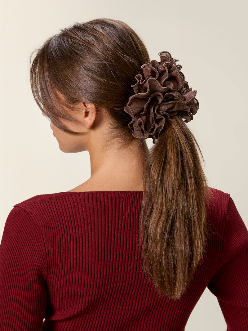 MAFALDA chocolate frilly giant scrunchie, detail view by Rouje
