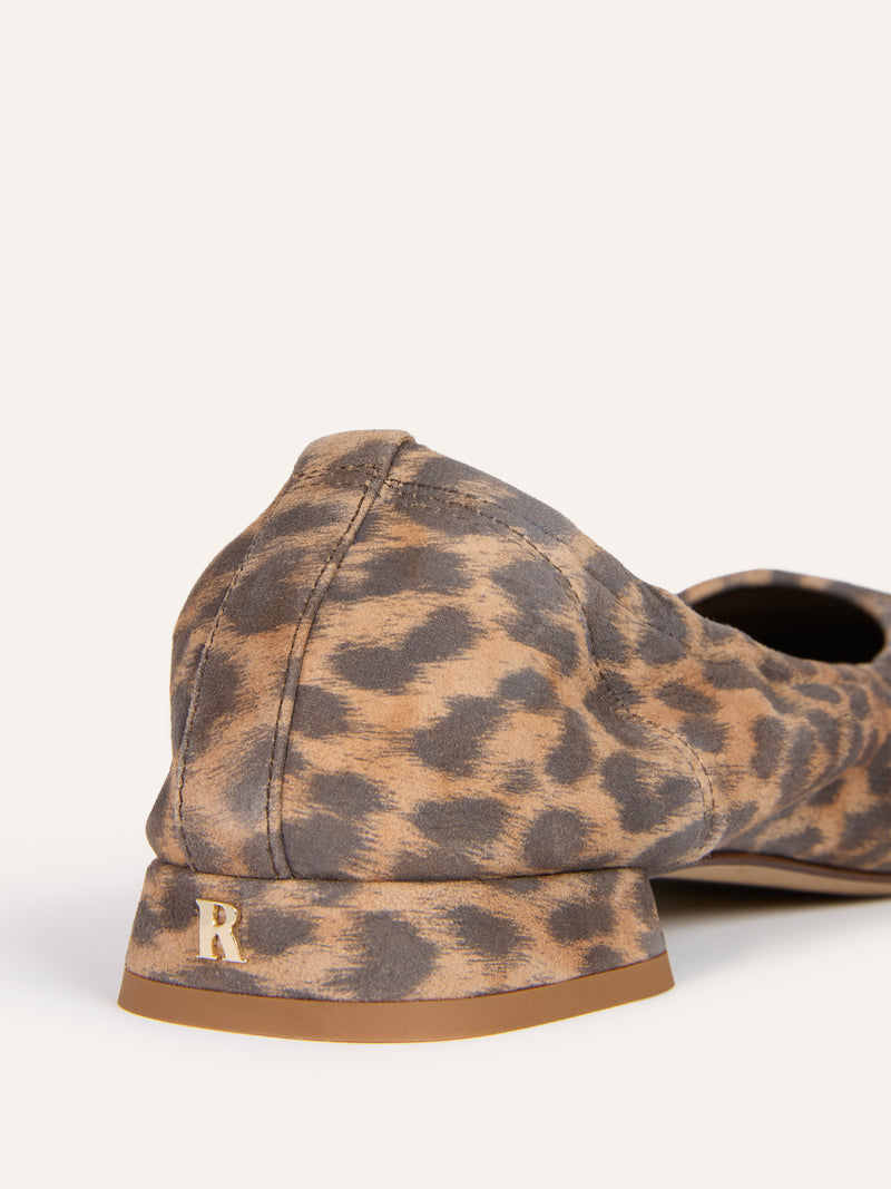 NINA leopard suede leather ballet flats, back view showing R logo by Rouje