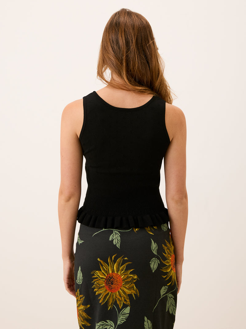 MERITT black pointelle tank top, detail of waist ruffles by Rouje