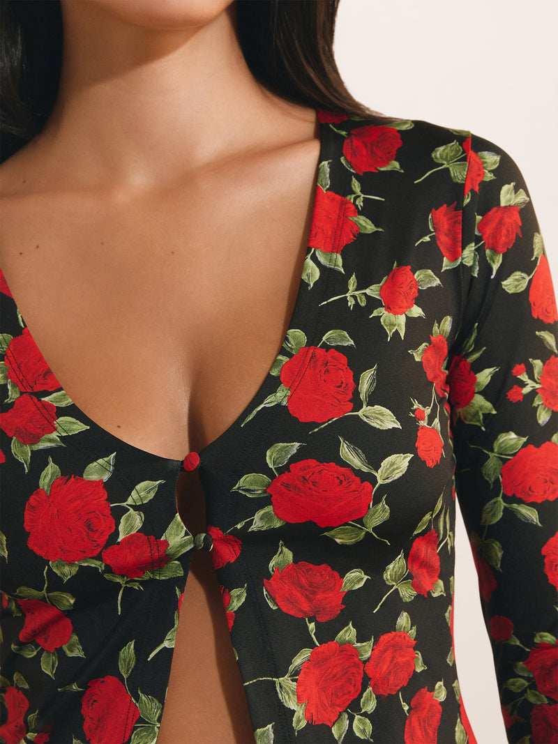 NORA red floral cardigan, back view by Rouje x Etam