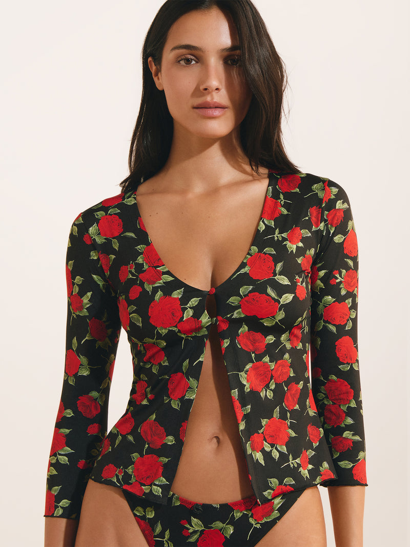 NORA red roses print cardigan, detail of raw edges by Rouje x Etam