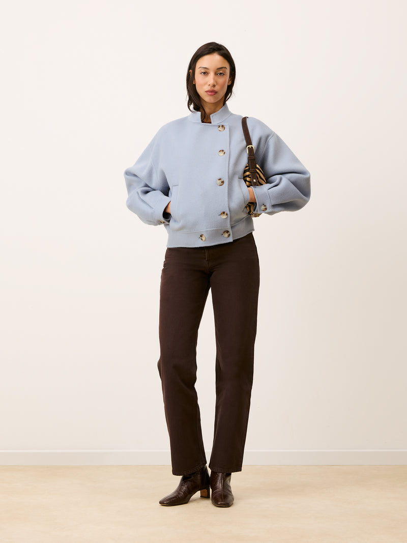 PAULIN sky blue oversized double-face wool jacket, front view by Rouje