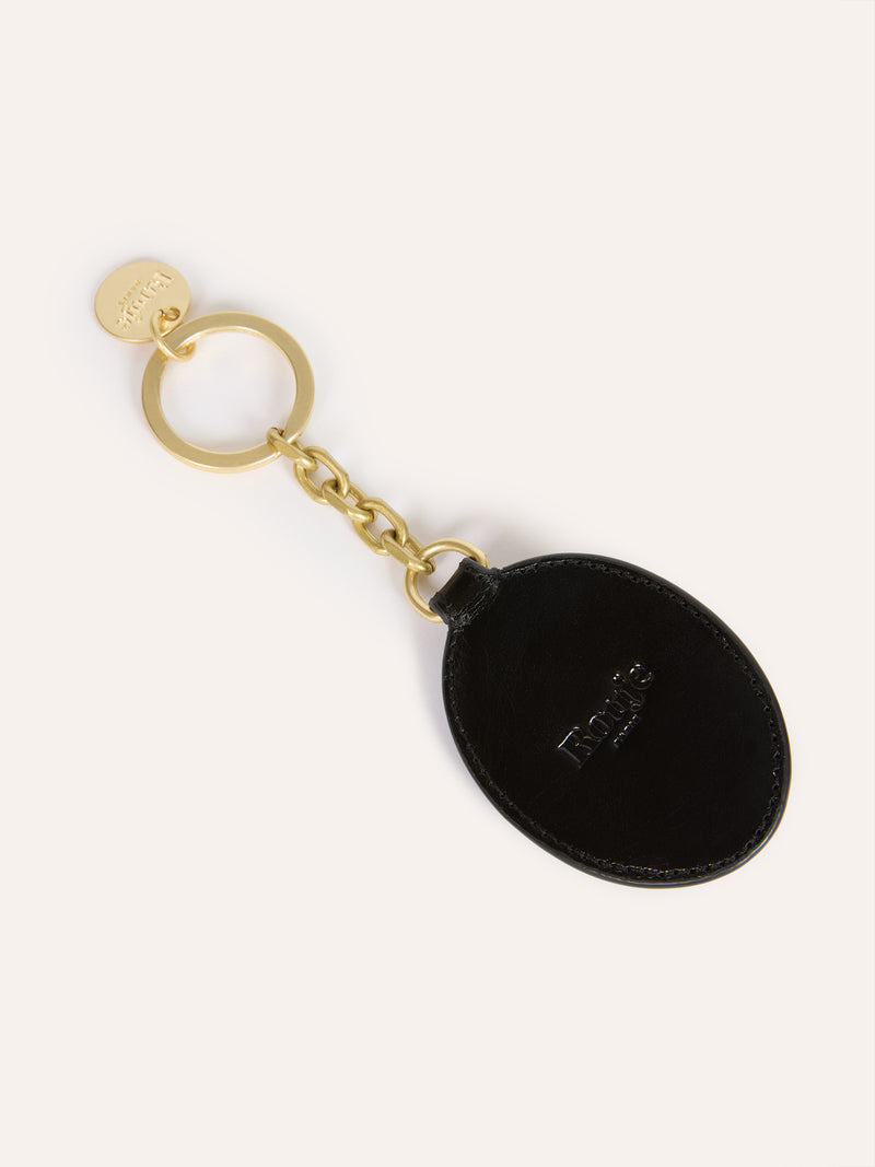 CHARME aged black leather pocket mirror, open view by Rouje