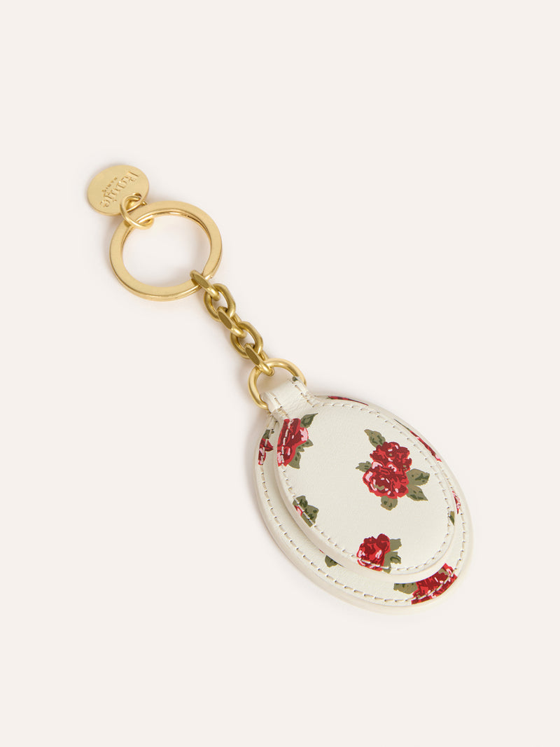 CHARME ecru floral leather pocket mirror, open view by Rouje