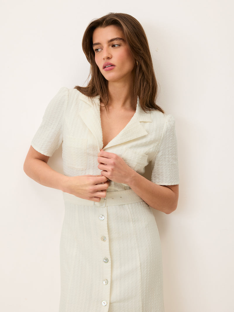 RAELLA white cotton seersucker midi dress, back view by Rouje