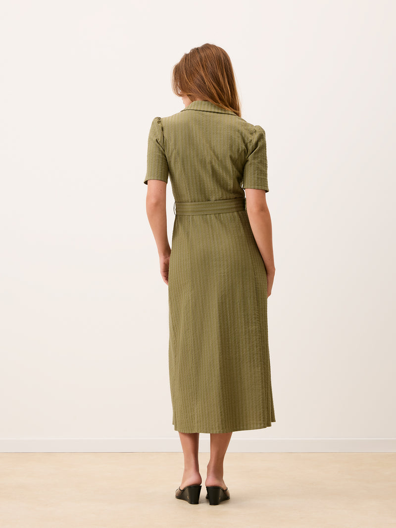 RAELLA olive green midi dress, back view by Rouje