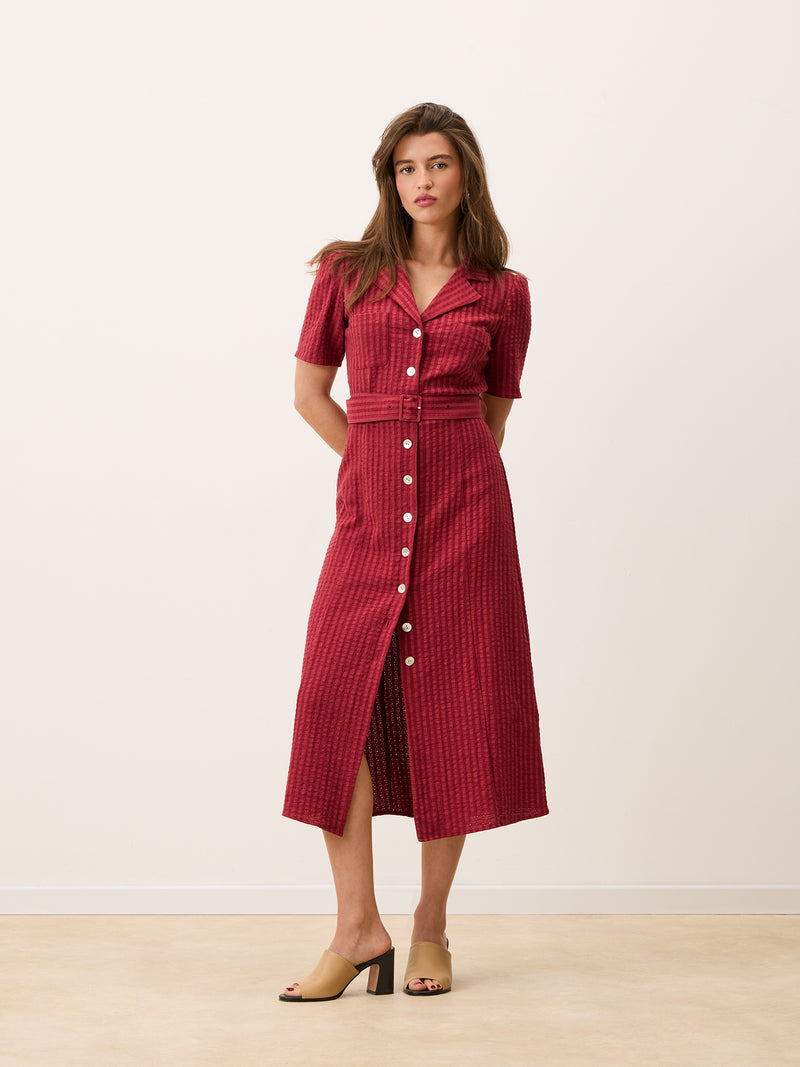 RAELLA carmine red seersucker belted midi dress, front view by Rouje