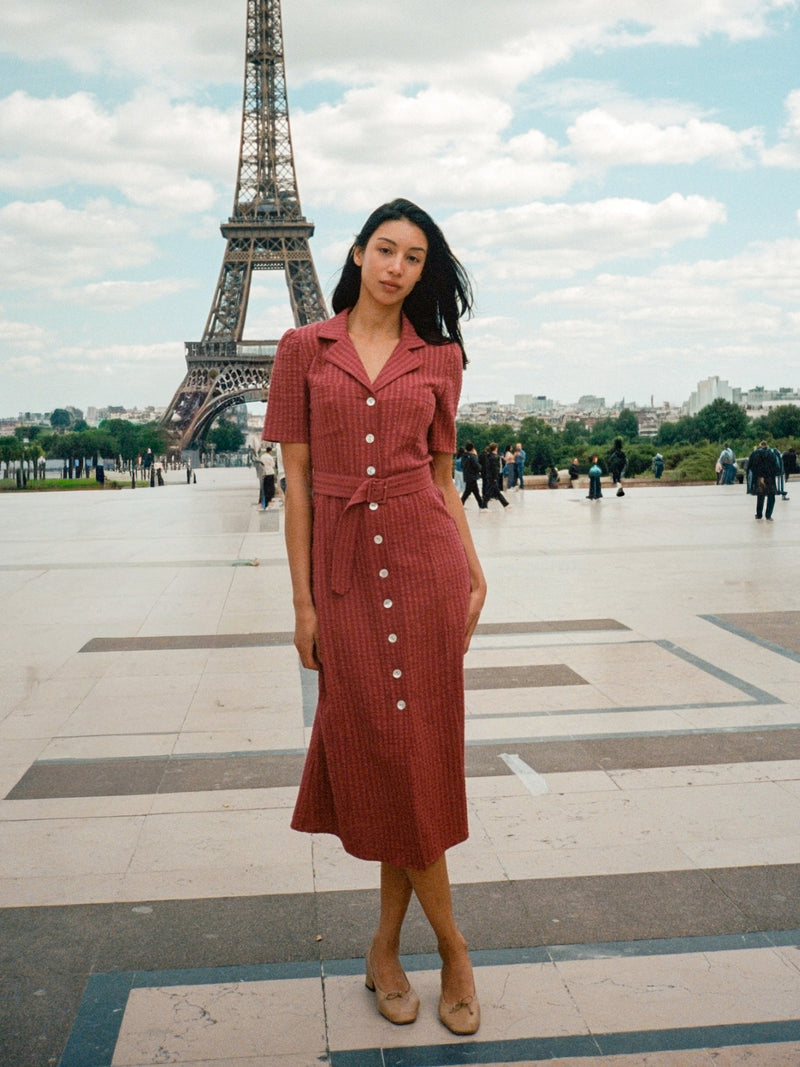 RAELLA carmine red seersucker midi dress by Rouje, lifestyle setting