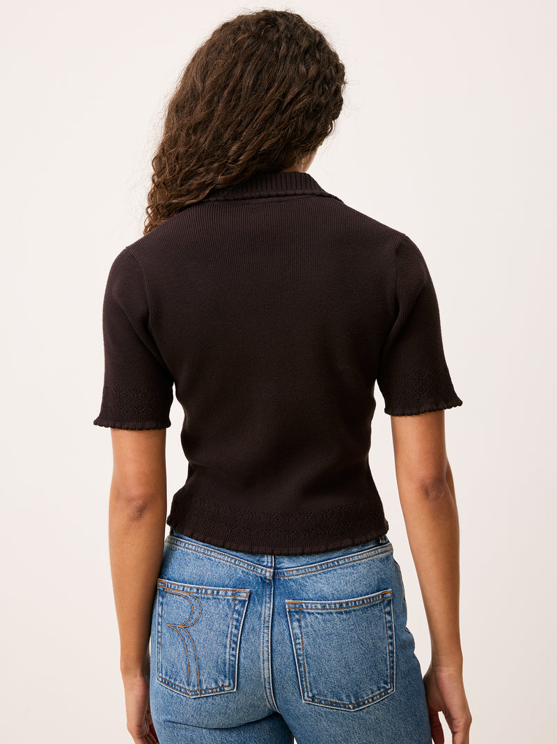 LIVIO brown cropped cardigan, detail of mesh sleeves by Rouje