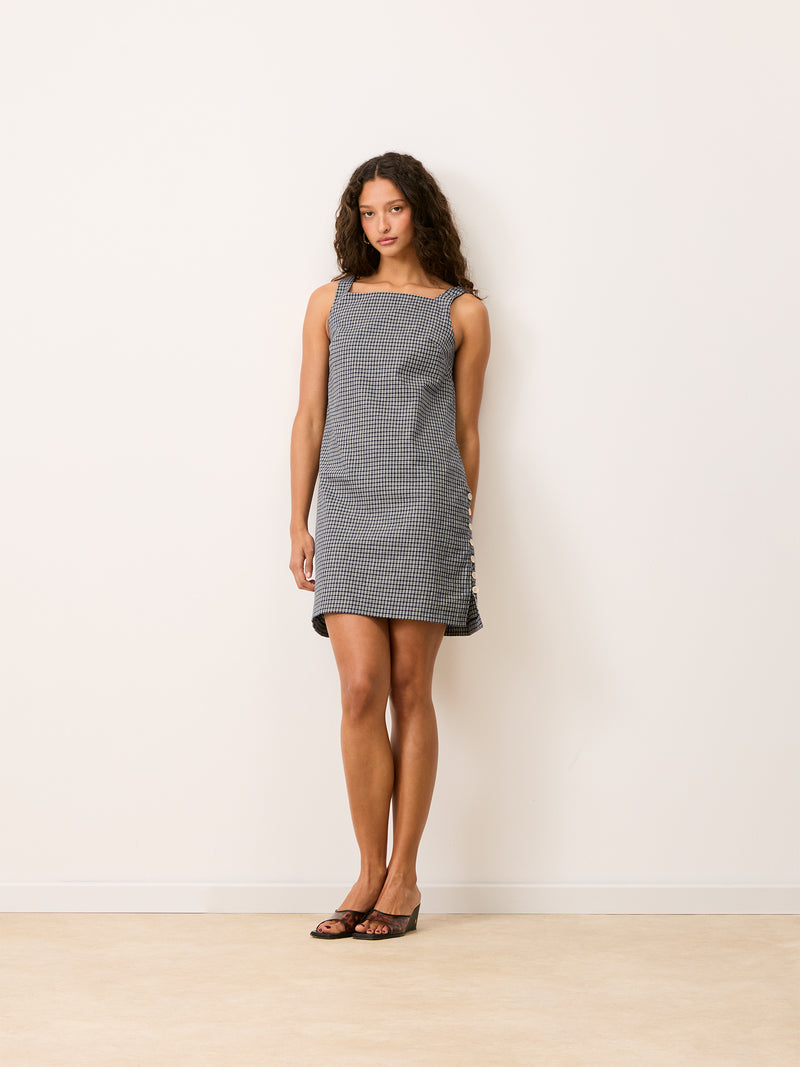 MARLA navy blue check short dress worn on a model by Rouje