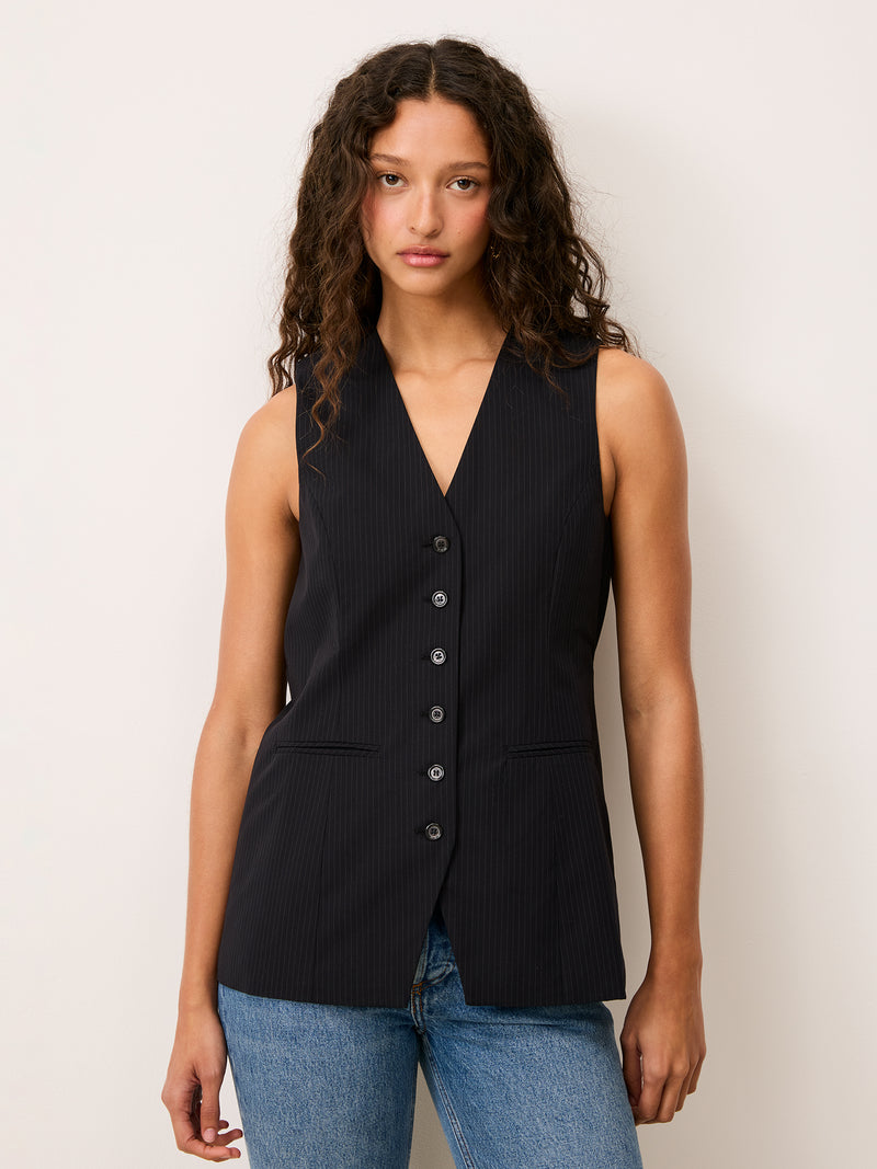 FABRICE black pinstripe vest jacket worn on a model by Rouje