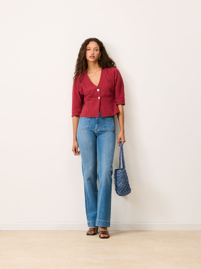DANY carmine red shirt, detail of V-neck by Rouje