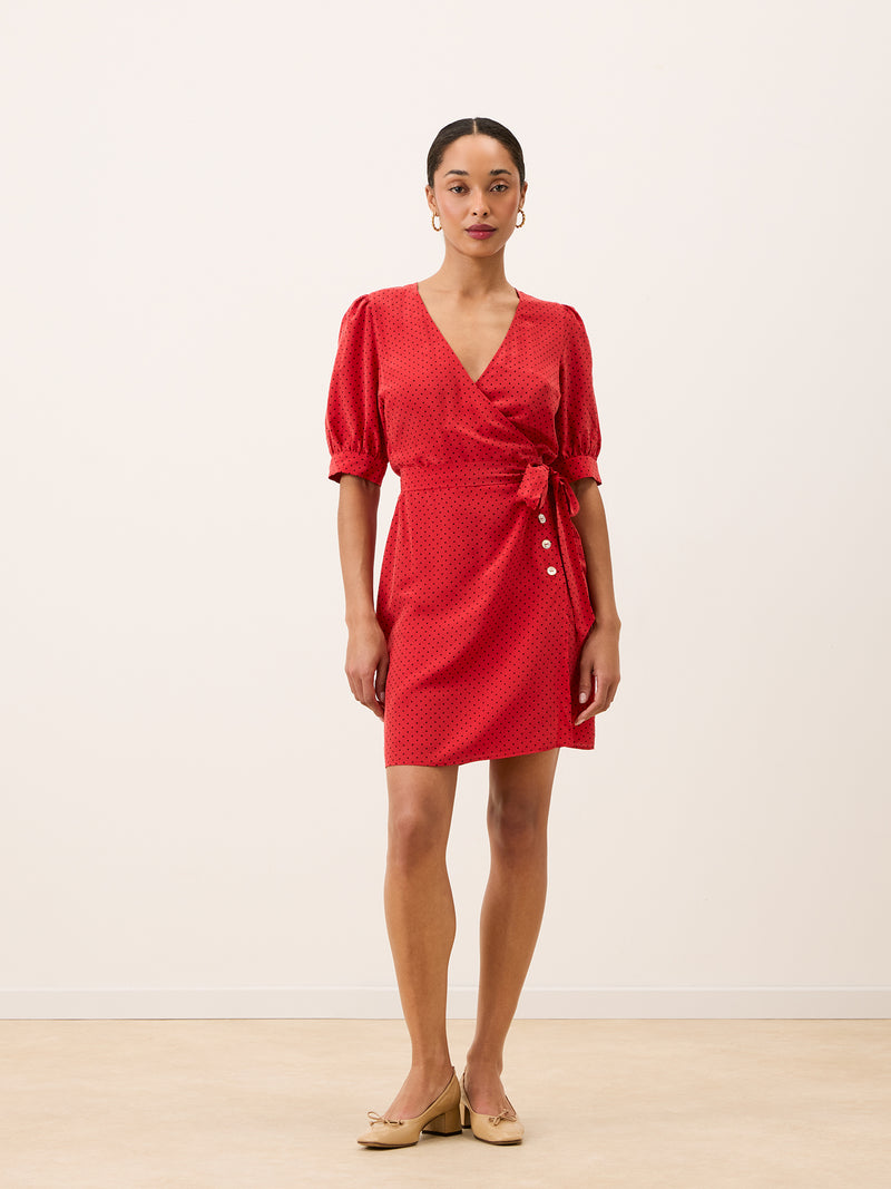 ROSALINA red plumetis wrap midi dress worn on a model by Rouje